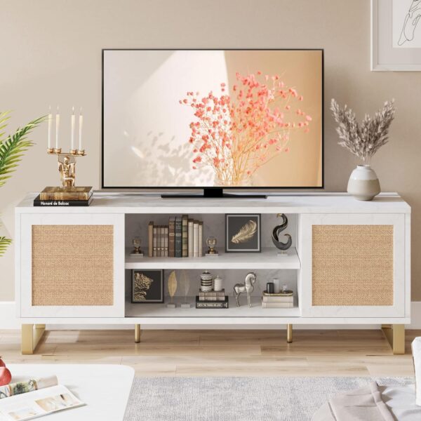 IDEALHOUSE Rattan TV Stand for 65 Inch TV, White Entertainment Center Modern TV Console Table, Low TV Stand with Storage, Doors and Shelves, TV Console Media Cabinet Furniture for Living Bedroom - Image 3