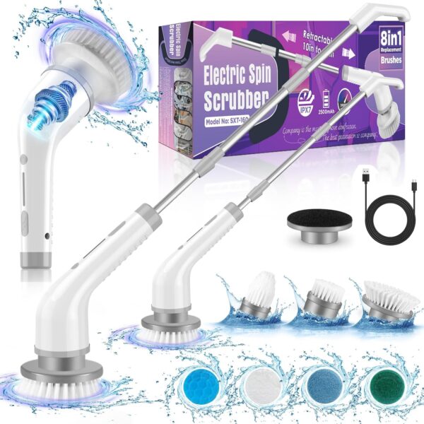 Electric Spin Scrubber, Cordless Shower Cleaner with 7 Replaceable Brush Heads & Detachable Extension Handle, Power Bathroom Cleaning Brush for Kitchen Tub Car Floor Tile - Image 2