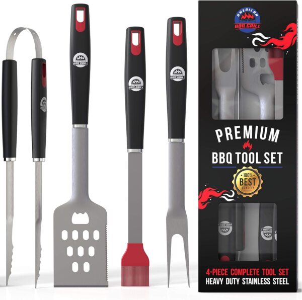 BBQ Tools Sets - Premium Barbecue Utensils - 4 Piece Grill Kit: Spatula, Tongs, Fork and Basting Brush - Best Heavy Duty Stainless Steel Case BBQ Accessories for Him - 10 Year Warranty - Image 2