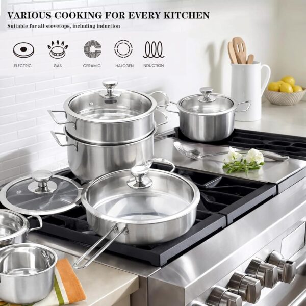 Stainless Steel Cookware Set, Wodillo 11-Piece Pots and Pans Sets with Lids, Induction Hob Pan Set for Healthy Cooking, Stay-Cool Handles, Easy to Clean, Suitable for All Stovetops - Image 4