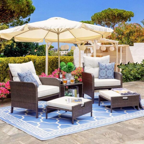 Shintenchi 5 Pieces Outdoor Wicker Patio Furniture Set,All Weather PE Wicker Rattan Patio Conversation Set with Cushioned Patio Lounge Chairs, Ottoman Underneath Set, Table for Lawn, Pool, Balcony - Image 2