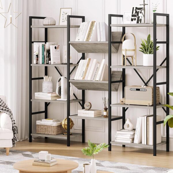 IDEALHOUSE Triple Wide 4 Tier Book Shelf, Tall Bookshelf with Open Display Shelves, Industrial Large Bookshelves and Bookcases with Metal Frame for Living Room, Bedroom, Home Office-Grey - Image 2