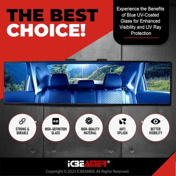 ICBEAMER 9.4" 240mm Easy Clip on Wide Angle Panoramic Blind Spot Fit Auto Interior Rear view Mirror Anti-Glare Blue Tint Convex Surface - Image 3