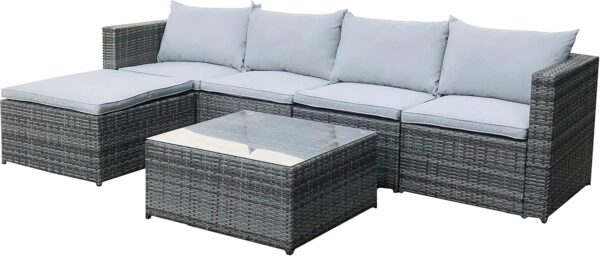 EVRE Rattan Outdoor Garden Furniture Set Grey MIAMI Sofa, Coffee Table, Foot Stool Rattan - Image 2