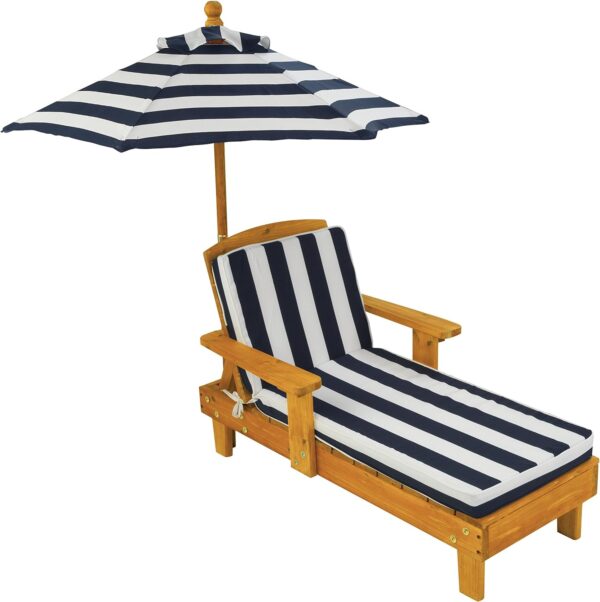 KidKraft Garden Sun Lounger for Kids with Parasol and Cushions, Wooden Garden Chair, Outdoor Garden Furniture For Children, Navy and White, 00105 - Image 2