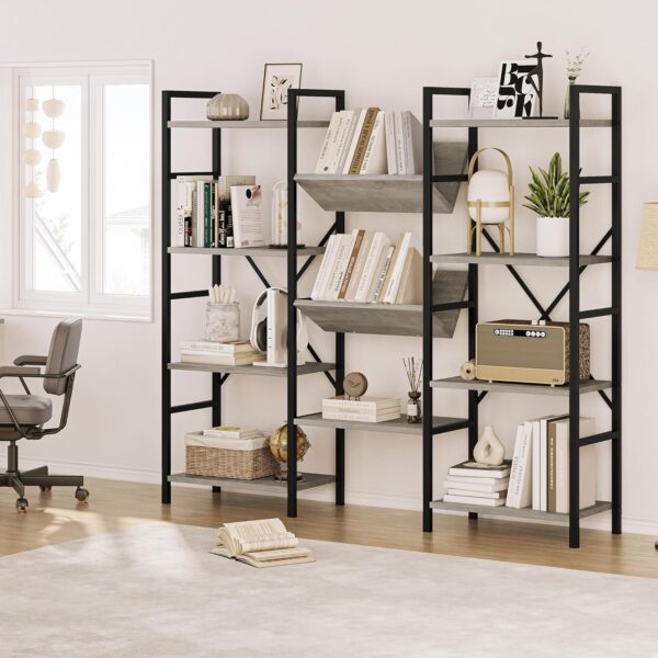 IDEALHOUSE Triple Wide 4 Tier Book Shelf, Tall Bookshelf with Open Display Shelves, Industrial Large Bookshelves and Bookcases with Metal Frame for Living Room, Bedroom, Home Office-Grey - Image 4