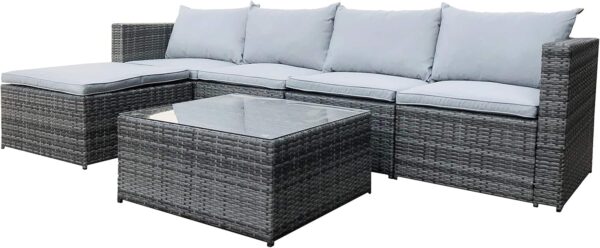 EVRE Rattan Outdoor Garden Furniture Set Grey MIAMI Sofa, Coffee Table, Foot Stool Rattan - Image 9