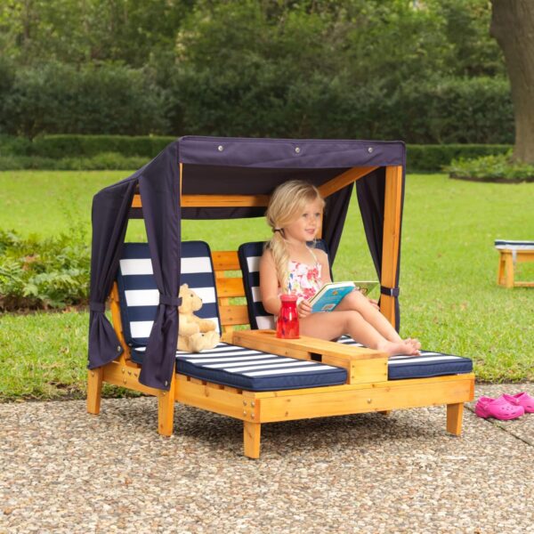 KidKraft Double Garden Sun Lounger for Kids with Canopy and Cushions, Wooden Garden Chairs, Outdoor Garden Furniture For Children, Navy & White, 00524 - Image 3