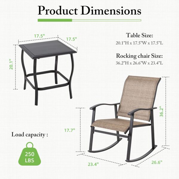 Shintenchi 3 Piece Rocking Bistro Set, Outdoor Furniture with Rocker Chairs and Glass coffee table set of 3, Balcony, Porch Furniture for Small Space, Brown - Image 4