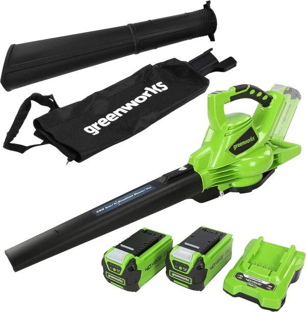 Greenworks GD40BVK2X Cordless Leaf Blow Vac with Brushless Motor, 280km/h, 9.63m³/min, 45L Mulching Bag , Two of 40V 2Ah Batteries & Charger, 3 Year Guarantee - Image 2