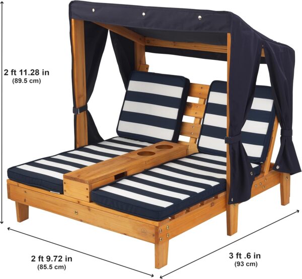 KidKraft Double Garden Sun Lounger for Kids with Canopy and Cushions, Wooden Garden Chairs, Outdoor Garden Furniture For Children, Navy & White, 00524 - Image 6