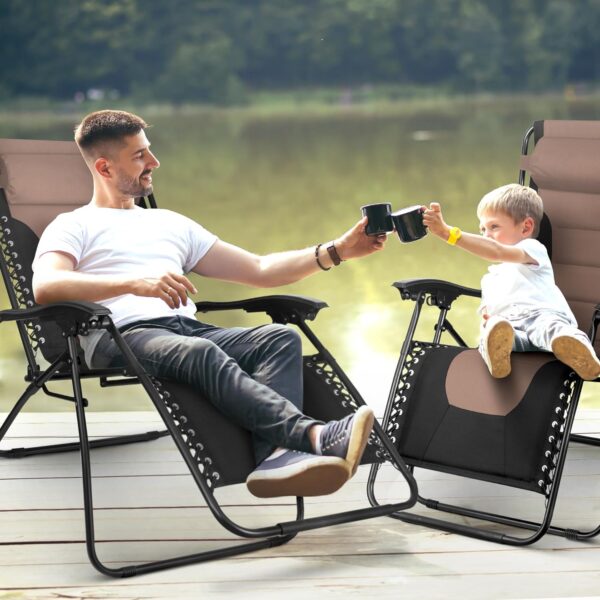 KEPLIN Set of 2 XXL Premium Heavy Duty Textoline Zero Gravity Chairs - Luxurious Garden Recliners, Adjustable Headrest, Cup & Phone Holder, Foldable & Easy to Clean Patio Sun Loungers (Brown) - Image 3