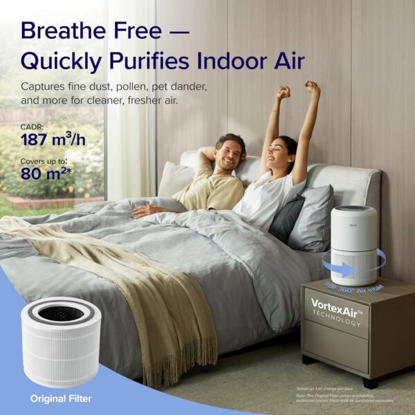 Levoit Air Purifier for Home Bedroom with HEPA & Carbon Air Filters CADR 187 m³/h, 80m², removes Pollen Allergies Dust Smoke, Air Cleaner with Timer, Quiet 24dB Sleep Mode, Air Frenshener, Core 300 - Image 4