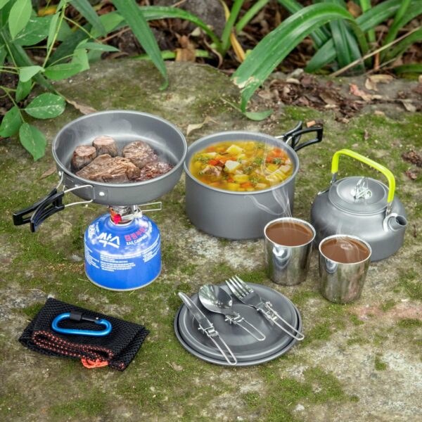 Odoland Camping Cooker Pan Set Aluminum Camping Cookware Kit for 2 People, Portable Outdoor Pot Pan Stove Kettle 2 Cups and Tableware - Backpacking Cookware for Picnic Trekking and Hiking - Image 10