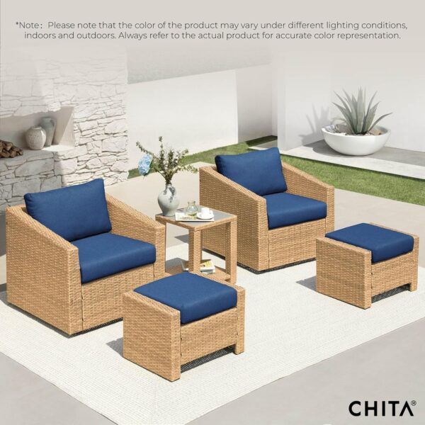 CHITA 5 Pieces Wicker Patio Furniture Set, Outdoor Conversation Set with 2 Pieces Rattan Swivel Chairs, 2 Pieces Ottomans, Thickened Cushions and Side Table - Image 7