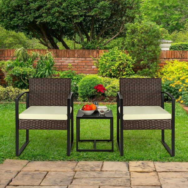 Taylor & Brown 3 Piece Bistro Set, Patio Rattan Furniture Set with Tempered Glass Coffee Table and Cushioned Chairs, Outdoor Wicker Conversation Sets for Garden Balcony Backyard Poolside (Brown/Beige) - Image 6