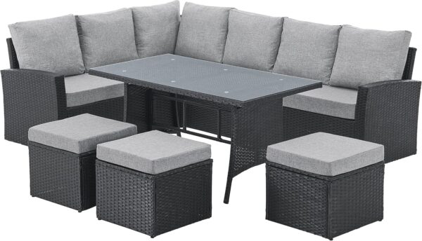 EVRE 9 Seat Marilyn Corner Sofa & Dining Rattan Garden Furniture Set for Indoor Outdoor Patios Gardens Conservatories (Black) - Image 2