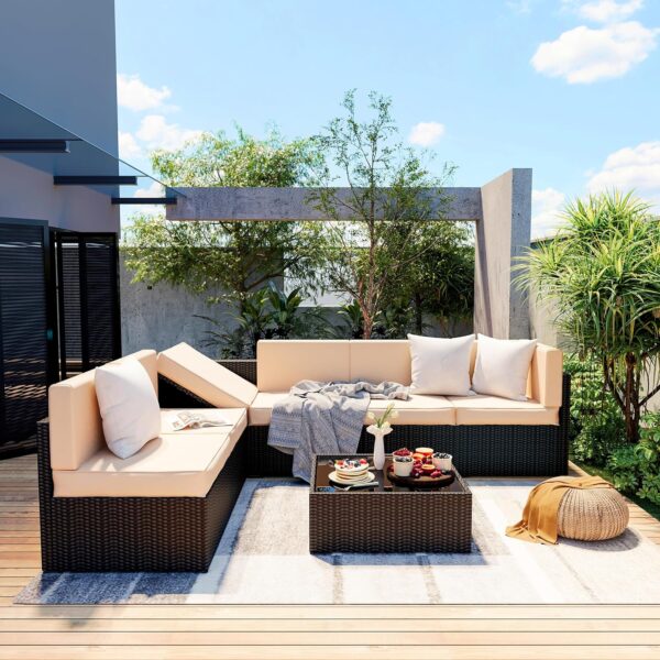 PAMAPIC 7 Pieces Patio Furniture，Outdoor Rattan Sectional Sofa Conversation Set with Tea Table and Washable Cushions, Beige - Image 3