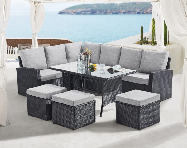 EVRE 9 Seat Marilyn Corner Sofa & Dining Rattan Garden Furniture Set for Indoor Outdoor Patios Gardens Conservatories (Black) - Image 3