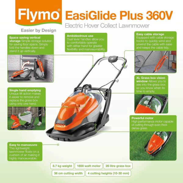 Flymo EasiGlide Plus 360V Hover Collect Lawn Mower - 1800W Motor, 36cm Cutting Width, 26 Litre Grass Box, Folds Flat, 10m Cable Length, Orange and Grey - Image 7