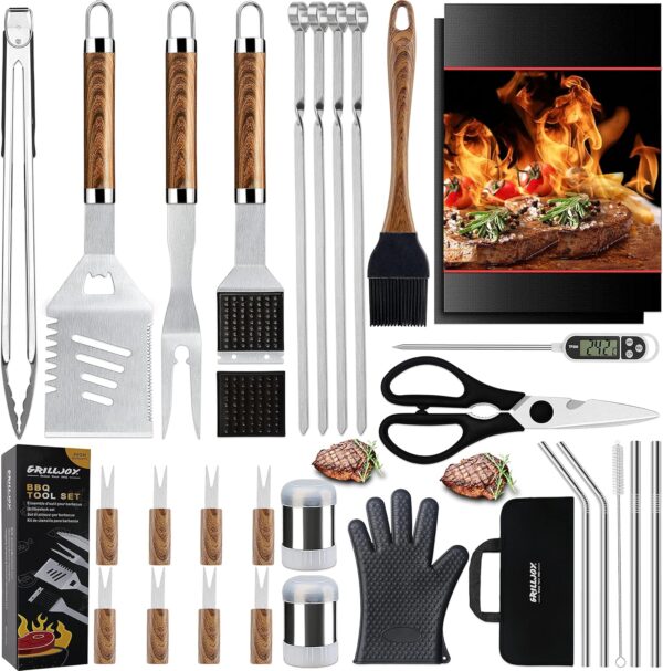 grilljoy 31PC Heavy Duty BBQ Grilling Accessories Grill Tools Set - Stainless Steel Grilling Kit with Storage Bag for Camping, Tailgating - Perfect Barbecue Utensil Gift for Men Women, Brown - Image 2