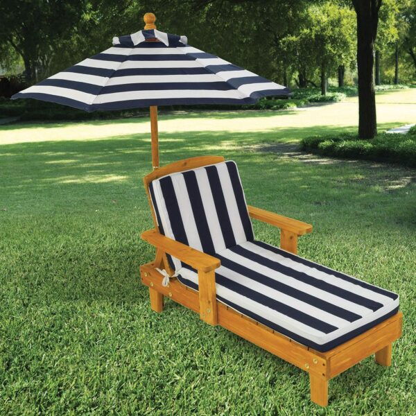 KidKraft Garden Sun Lounger for Kids with Parasol and Cushions, Wooden Garden Chair, Outdoor Garden Furniture For Children, Navy and White, 00105 - Image 3