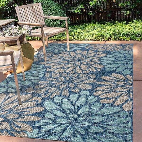 JONATHAN Y Zinnia SMB110C-5 Modern Floral Textured Woven Rug Bohemian Coastal Easy Care Bedroom Kitchen Garden Patio Non-Shedding 150 cm x 240 cm, Navy Aqua - Image 2