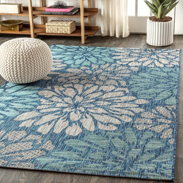 JONATHAN Y Zinnia SMB110C-5 Modern Floral Textured Woven Rug Bohemian Coastal Easy Care Bedroom Kitchen Garden Patio Non-Shedding 150 cm x 240 cm, Navy Aqua - Image 5