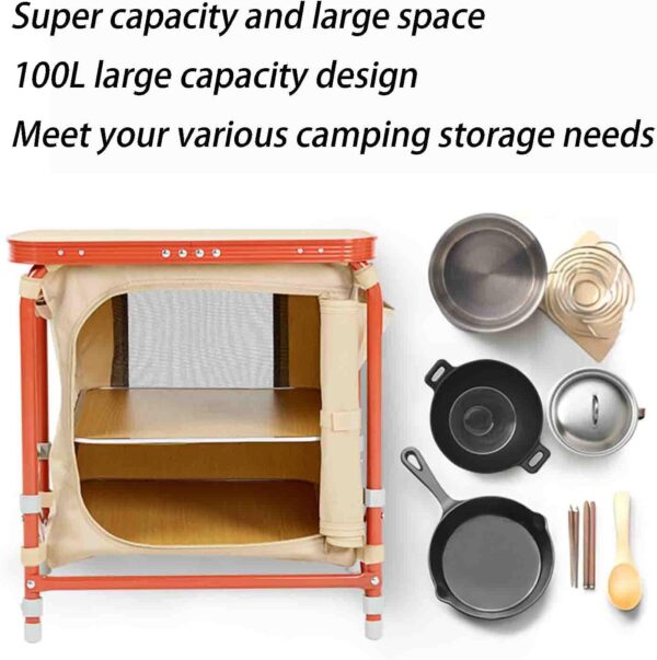 YXFAZPP Camping Kitchen Table, Pop-up Aluminum Portable Folding Cook Station w/ 3-Tier Storage Organizer, Side Pocket & Carrying Bag (3) - Image 7