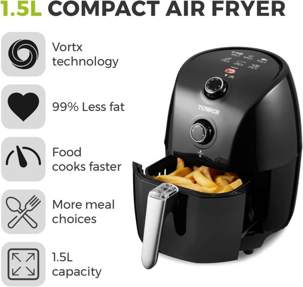 Tower T17025 Vortx Compact Air Fryer with Rapid Air Circulation, 30-Minute Timer, 1.5L, 900W, Black - Image 3