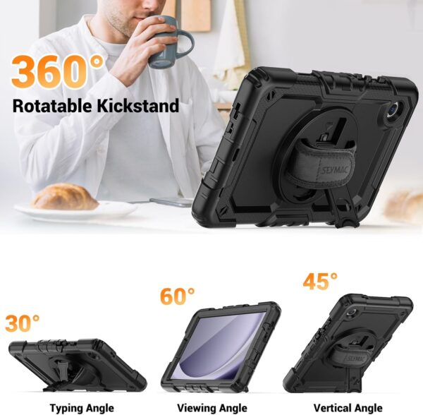 SEYMAC for Samsung Galaxy Tab A9 Case 8.7 inch 2023, Shockproof Protective Galaxy A9 Tablet Case With Screen Protector/Hand Strap/Rotating Stand/Shoulder Strap, SM-X110/SM-X115/SM-X117 Case, Black - Image 4