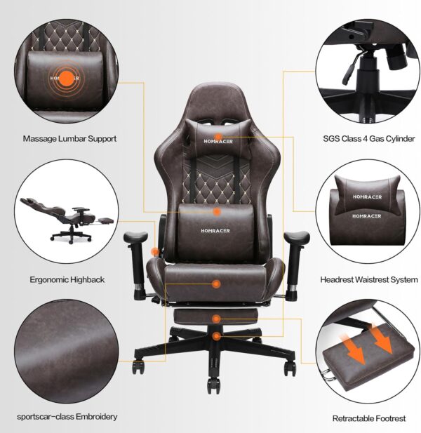 HOMRACER Gaming Chair for Adults, Massage Office Chair with Footrest and Lumbar Support, PU Leather PC Chair, Comfy Desk Chair Adjustable, Ergonomic Computer Chair, Capacity 400LBS - Image 6