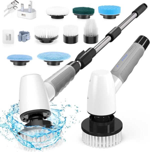 Electric Spin Scrubber,Cleaning Brush Scrubber for Home,400RPM/Mins-8 Replaceable Brush Heads-90Mins Work Time,3 Adjustable Size,2 Adjustable Speeds for Bathroom Shower Bathtub Glass Car-Grey - Image 2