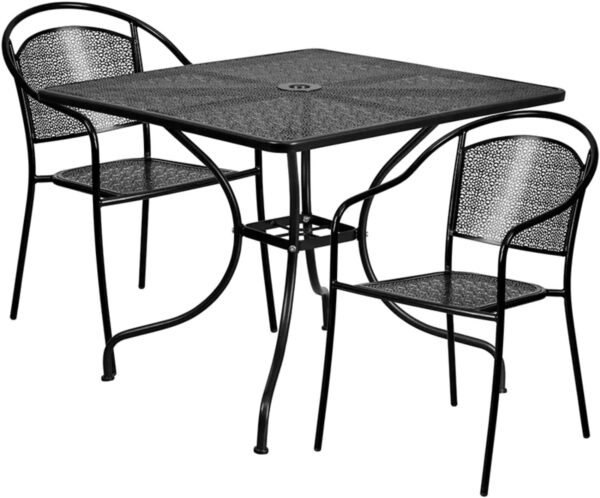 Flash Furniture 35.5'' Square Black Indoor-Outdoor Steel Patio Table Set with 2 Round Back Chairs - Image 3