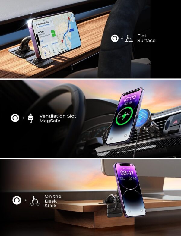 LISEN for Magsafe Car Mount Wireless Car Charger for iPhone Holder, 15W Magnetic Car Phone Holder Mount Wireless Fast Charging for Magsafe Charger Fits iPhone 15 Pro Max Plus - Image 3