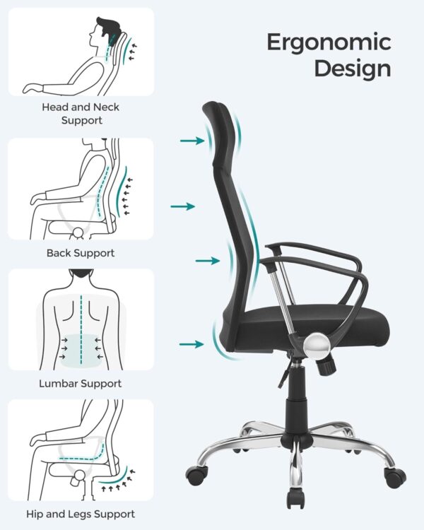 SONGMICS Office Chair, Ergonomic Desk Chair, Swivel Chair, Upholstered Seat, Adjustable Height, Tilt Function, 120 kg Load Capacity, Ink Black OBN134B01 - Image 5