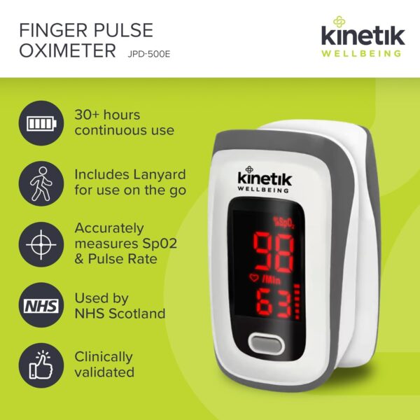 Kinetik Wellbeing Finger Pulse Oximeter - Blood Oxygen Monitor Used by the NHS, Heart Rate Meter for Adults & Kids, Accurate Pulse Rate & O2 Saturation Monitor - In Association with St John Ambulance - Image 3