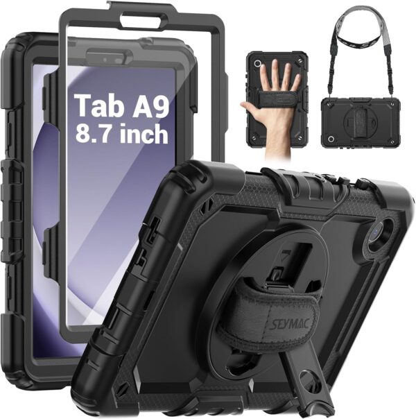 SEYMAC for Samsung Galaxy Tab A9 Case 8.7 inch 2023, Shockproof Protective Galaxy A9 Tablet Case With Screen Protector/Hand Strap/Rotating Stand/Shoulder Strap, SM-X110/SM-X115/SM-X117 Case, Black - Image 2