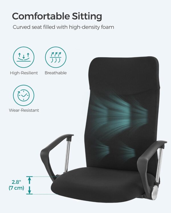 SONGMICS Office Chair, Ergonomic Desk Chair, Swivel Chair, Upholstered Seat, Adjustable Height, Tilt Function, 120 kg Load Capacity, Ink Black OBN134B01 - Image 7