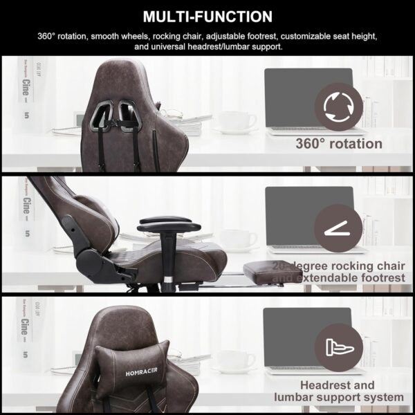 HOMRACER Gaming Chair for Adults, Massage Office Chair with Footrest and Lumbar Support, PU Leather PC Chair, Comfy Desk Chair Adjustable, Ergonomic Computer Chair, Capacity 400LBS - Image 5