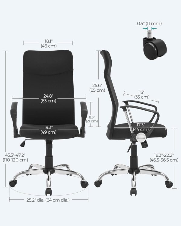 SONGMICS Office Chair, Ergonomic Desk Chair, Swivel Chair, Upholstered Seat, Adjustable Height, Tilt Function, 120 kg Load Capacity, Ink Black OBN134B01 - Image 4