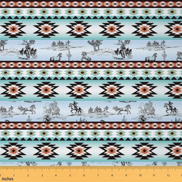 Feelyou Horse Fabric by The Yard Southwestern Decorative Waterproof Outdoor Fabric Wild West Cowboy Buffalo Check Upholstery Fabric for Chairs 2 Yards Bed Vinatge Blue Green Outdoor Fabric - Image 2