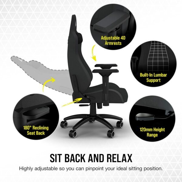 Corsair TC200 Fabric Gaming Chair, Standard Fit (Long-Lasting Support, Soft Fabric Exterior, Built-In Foam Lumbar Support, Adjustable 4D Armrests, Easy Assembly Process) Black - Image 6