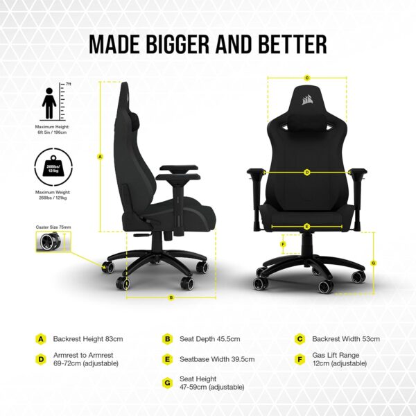 Corsair TC200 Fabric Gaming Chair, Standard Fit (Long-Lasting Support, Soft Fabric Exterior, Built-In Foam Lumbar Support, Adjustable 4D Armrests, Easy Assembly Process) Black - Image 8