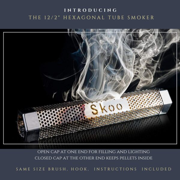 Skoo Pellet Smoker - BBQ Hexagonal Smoking Tube + Brush + Hook - 5 Hours of Billowing Smoke - For Electric, Gas, Charcoal Grills - Image 3