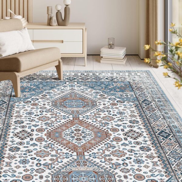 OMERAI Machine Washable Rug Area Rugs Living Room Boho Rug for Bedroom 120X170CM Navy Blue Rug Vintage Rugs for Non-Slip Soft Short Pile Carpet Classic Traditional Rug - Image 10