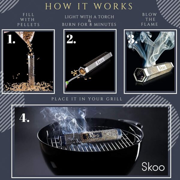 Skoo Pellet Smoker - BBQ Hexagonal Smoking Tube + Brush + Hook - 5 Hours of Billowing Smoke - For Electric, Gas, Charcoal Grills - Image 4