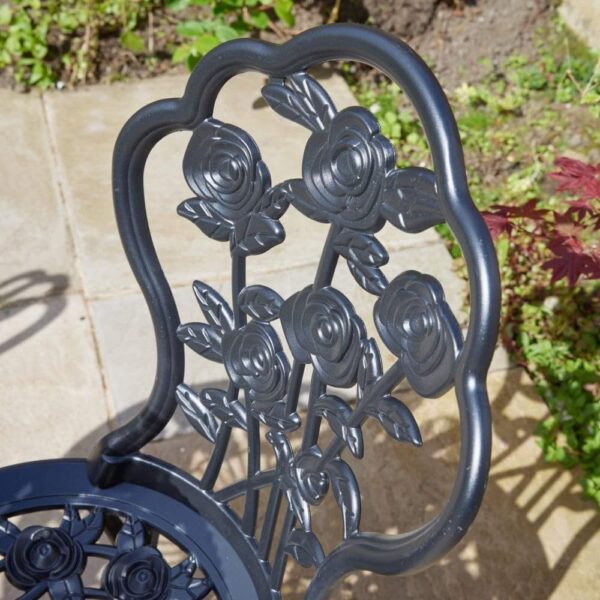 Home Source Rose Garden Patio Outdoor Bistro Set Table and 2 Chairs Metal Garden Furniture, Black - Image 4