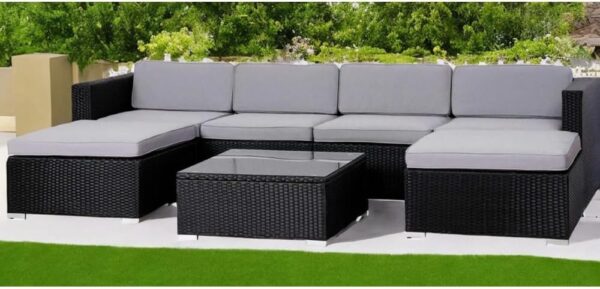 EVRE Nevada Black 6 Seater Outdoor Rattan Garden Furniture Set Wicker Weave Sofa Coffee Table Stool with Cushions For Patios Decks Conservatories Sectional Corner Conversation Piece - Image 3