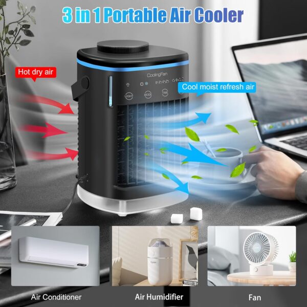 Portable Air Conditioner, Evaporative Air Cooler Fan, Cooling Fan for Hot Summer, Mini AC with 700ML Capacity, 4 Wind Speeds & 7 LED Lights & 2-4-6-8 Hours Timer (USB-C Cable) - Image 4